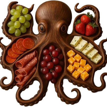 Style A Brown Artisan Crafted Solid Wood Octopus Charcuterie Board - Unique Appetizer & Cheese Serving Platter.