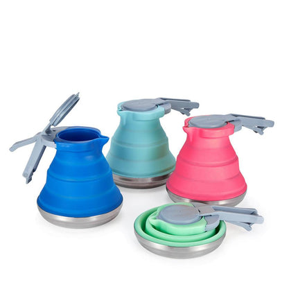 Rose Red 1.5L Collapsible Silicone Camping Kettle - Portable Foldable Travel Water Boiler, Stainless Steel Base.