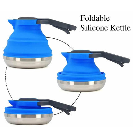 Light Green 1.5L Collapsible Silicone Camping Kettle - Portable Foldable Travel Water Boiler, Stainless Steel Base.