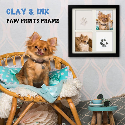 Black and White Pet Paw Print Keepsake Photo Frame Kit - Mess-Free Ink Pad for Dogs & Cats, Dual Photo & Print Display.