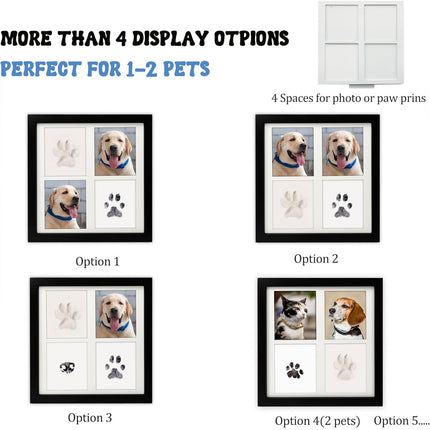 Black and White Pet Paw Print Keepsake Photo Frame Kit - Mess-Free Ink Pad for Dogs & Cats, Dual Photo & Print Display.