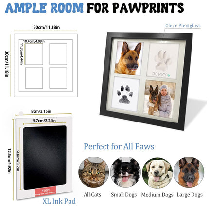 Black and White Pet Paw Print Keepsake Photo Frame Kit - Mess-Free Ink Pad for Dogs & Cats, Dual Photo & Print Display.