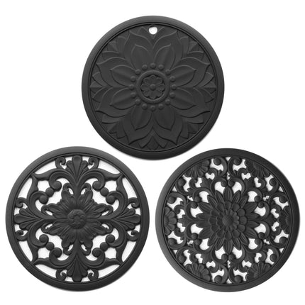 Elegant Floral Silicone Trivet Mat Set (3-Pack, Black) - Heat Resistant, Non-Slip Kitchen Hot Pads & Pot Holders.