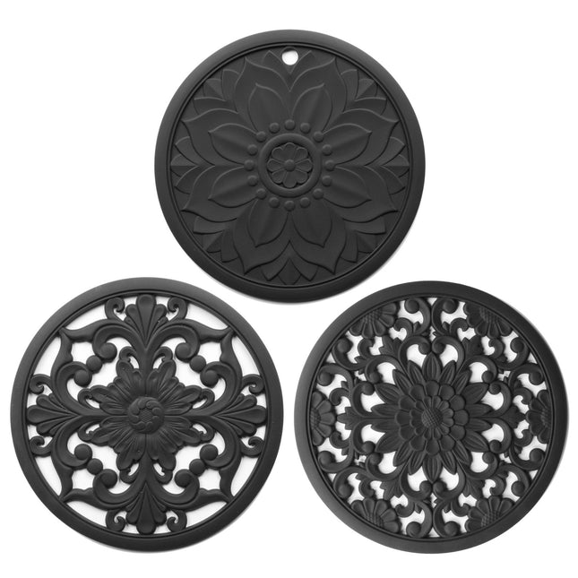 Elegant Floral Silicone Trivet Mat Set (3-Pack, Black) - Heat Resistant, Non-Slip Kitchen Hot Pads & Pot Holders.