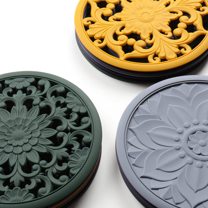 Elegant Floral Silicone Trivet Mat Set (3-Pack, Black) - Heat Resistant, Non-Slip Kitchen Hot Pads & Pot Holders.