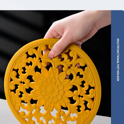 Elegant Floral Silicone Trivet Mat Set (3-Pack, Black) - Heat Resistant, Non-Slip Kitchen Hot Pads & Pot Holders.