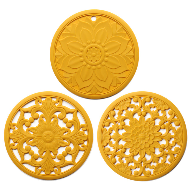 Elegant Floral Silicone Trivet Mat Set (3-Pack, Yellow) - Heat Resistant, Non-Slip Kitchen Hot Pads & Pot Holders.