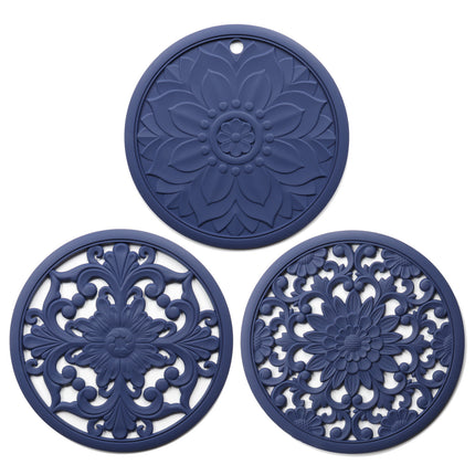 Elegant Floral Silicone Trivet Mat Set (3-Pack, Dark Blue) - Heat Resistant, Non-Slip Kitchen Hot Pads & Pot Holders.