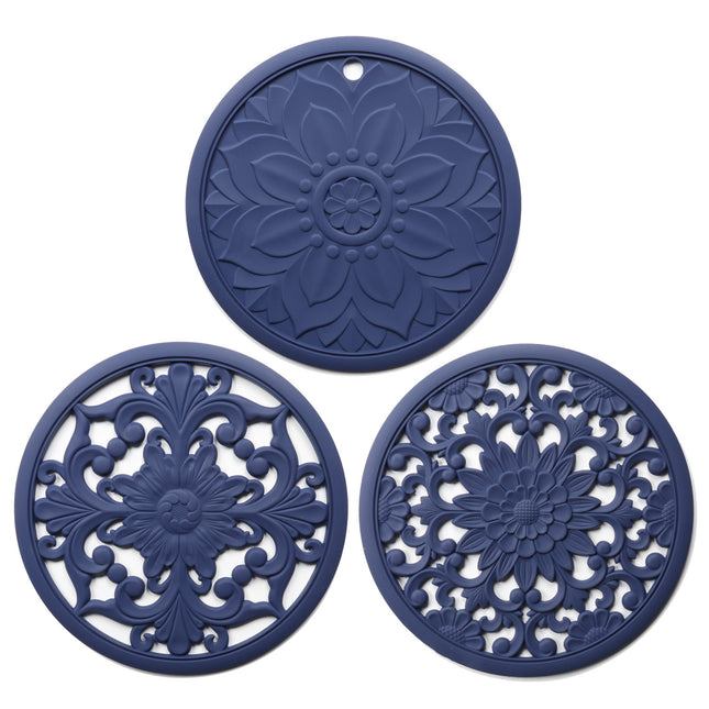 Elegant Floral Silicone Trivet Mat Set (3-Pack, Dark Blue) - Heat Resistant, Non-Slip Kitchen Hot Pads & Pot Holders.