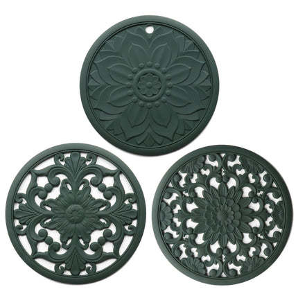 Elegant Floral Silicone Trivet Mat Set (3-Pack, Dark Green) - Heat Resistant, Non-Slip Kitchen Hot Pads & Pot Holders.