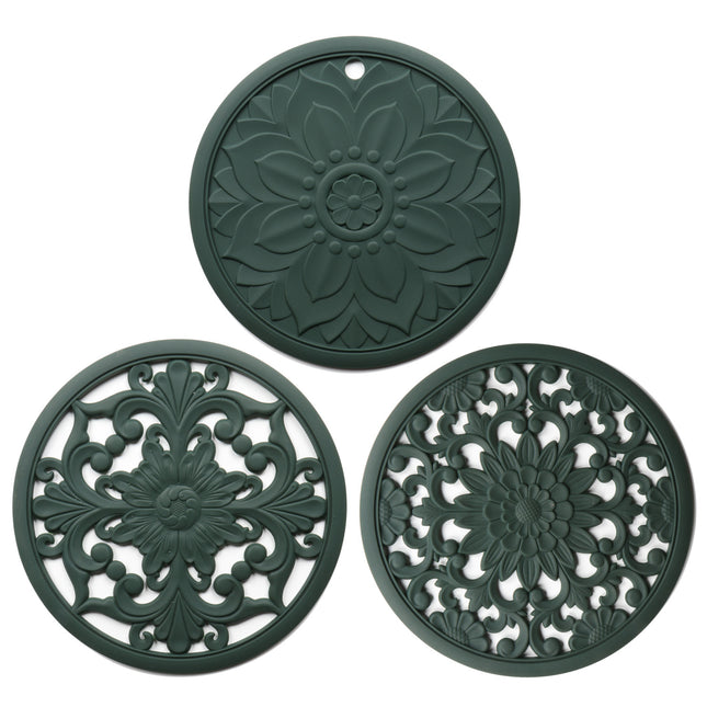 Elegant Floral Silicone Trivet Mat Set (3-Pack, Dark Green) - Heat Resistant, Non-Slip Kitchen Hot Pads & Pot Holders.