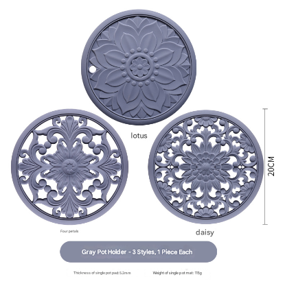 Elegant Floral Silicone Trivet Mat Set (3-Pack, Dark Green) - Heat Resistant, Non-Slip Kitchen Hot Pads & Pot Holders.