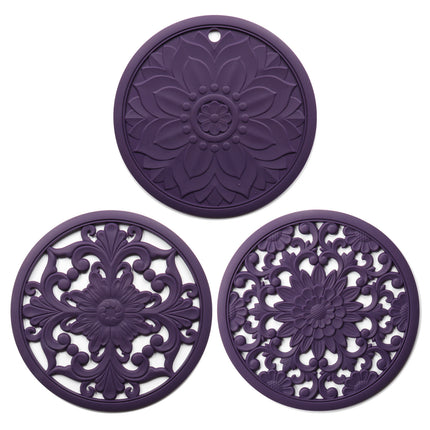 Elegant Floral Silicone Trivet Mat Set (3-Pack, Dark Purple) - Heat Resistant, Non-Slip Kitchen Hot Pads & Pot Holders.