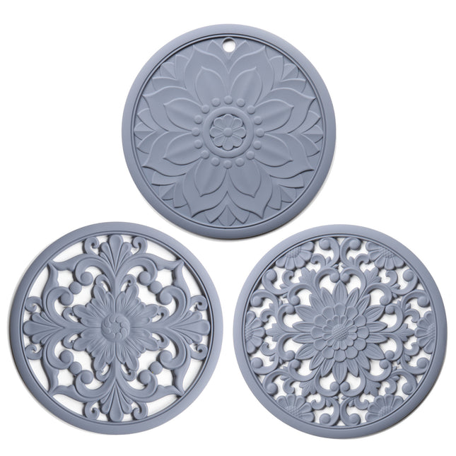 Elegant Floral Silicone Trivet Mat Set (3-Pack, Grey) - Heat Resistant, Non-Slip Kitchen Hot Pads & Pot Holders.