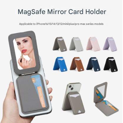 Brown Chic MagSafe Wallet with Mirror & Stand - PU Leather Card Holder for iPhone 12-16 Series.