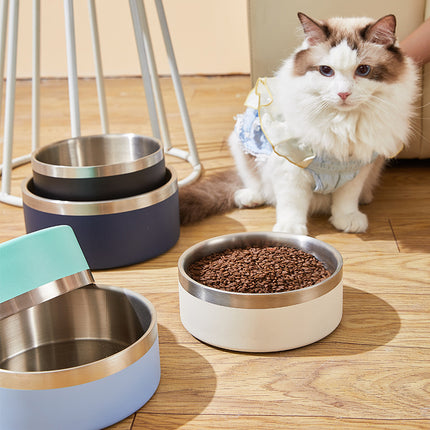 Beige and Silver Premium 304 Stainless Steel Pet Bowl (32oz) - Non-Slip, Anti-Tip Food & Water Dish for Dogs & Cats - Durable & Easy Clean.