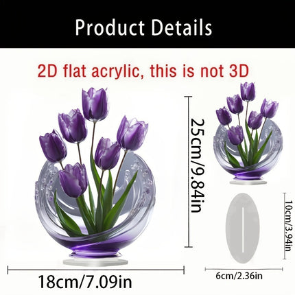 2 Pcs Charming Purple Tulip 2D Acrylic Ornament - Flat Floral Tabletop Art Decor Accent.