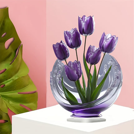 2 Pcs Charming Purple Tulip 2D Acrylic Ornament - Flat Floral Tabletop Art Decor Accent.