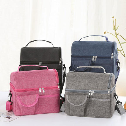 2 Pcs Grey Premium Double Layer Insulated Lunch Bag - 8.4L Thermal Cooler Tote with Shoulder Strap.