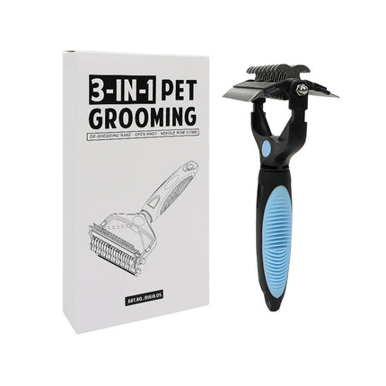 Blue and Black Professional 3-in-1 Pet Grooming Tool - Dematting Rake, Deshedding Comb & Finishing Brush for Dogs & Cats.