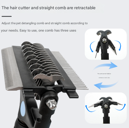 Blue and Black Professional 3-in-1 Pet Grooming Tool - Dematting Rake, Deshedding Comb & Finishing Brush for Dogs & Cats.