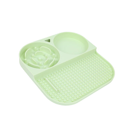 2 Pcs Green 3-in-1 Silicone Pet Slow Feeder & Lick Mat with Water Bowl - Non-Slip Design for Dogs & Cats.
