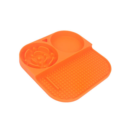 2 Pcs Orange 3-in-1 Silicone Pet Slow Feeder & Lick Mat with Water Bowl - Non-Slip Design for Dogs & Cats.