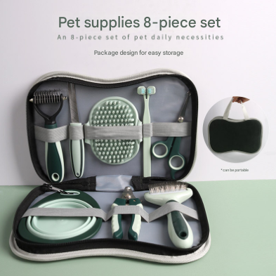 Grey and Green Complete 8-Piece Pet Grooming Kit - Essential Dog & Cat Care Tools with Brushes, Nail Clippers, Scissors & Portable Case.