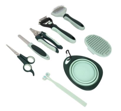 Grey and Green Complete 8-Piece Pet Grooming Kit - Essential Dog & Cat Care Tools with Brushes, Nail Clippers, Scissors & Portable Case.