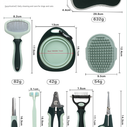 Grey and Green Complete 8-Piece Pet Grooming Kit - Essential Dog & Cat Care Tools with Brushes, Nail Clippers, Scissors & Portable Case.