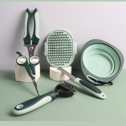 Grey and Green Complete 8-Piece Pet Grooming Kit - Essential Dog & Cat Care Tools with Brushes, Nail Clippers, Scissors & Portable Case.