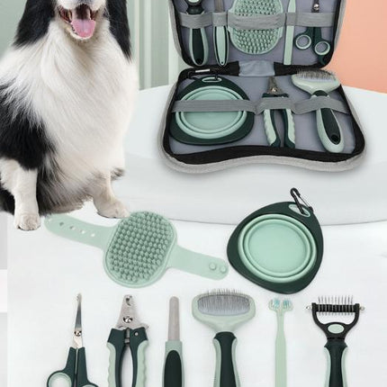 Grey and Green Complete 8-Piece Pet Grooming Kit - Essential Dog & Cat Care Tools with Brushes, Nail Clippers, Scissors & Portable Case.