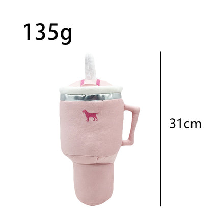 Pink Plush Travel Mug Squeaky Dog Toy - Soft Polyester Chew Toy for Boredom Relief & Interactive Fun - 31cm.