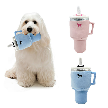 Pink Plush Travel Mug Squeaky Dog Toy - Soft Polyester Chew Toy for Boredom Relief & Interactive Fun - 31cm.