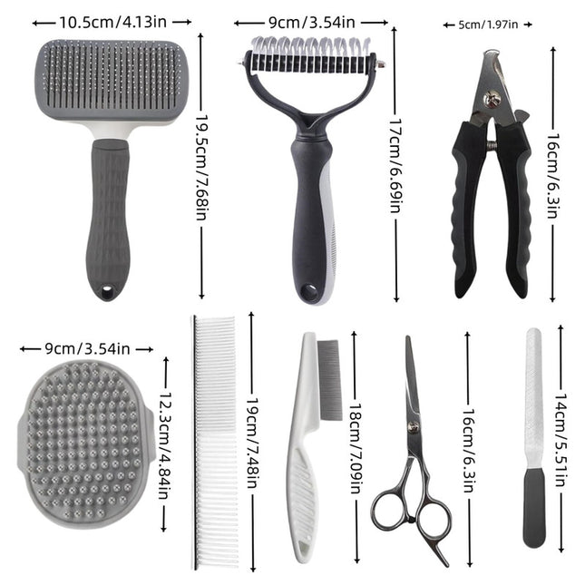 Grey Professional 9-Piece Pet Grooming Kit - DeShedding Brushes, Nail Clippers, Combs & Scissors Set for Dogs, Cats & Rabbits with Storage Bag.