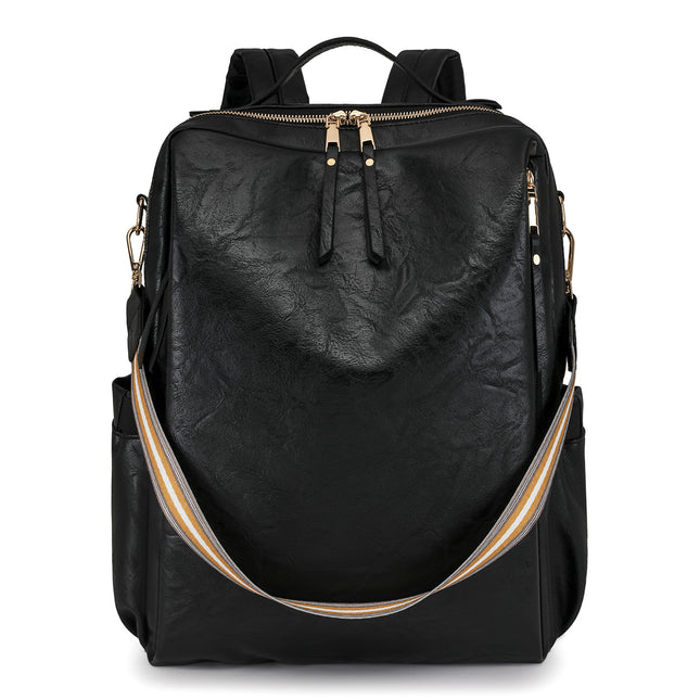 Black Women's Vintage PU Leather Anti-Theft Backpack - Convertible Shoulder Bag & Laptop Rucksack for Travel & Daily Use.