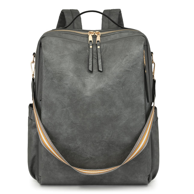 Grey Women's Vintage PU Leather Anti-Theft Backpack - Convertible Shoulder Bag & Laptop Rucksack for Travel & Daily Use.