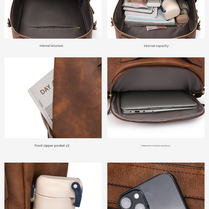 Grey Women's Vintage PU Leather Anti-Theft Backpack - Convertible Shoulder Bag & Laptop Rucksack for Travel & Daily Use.