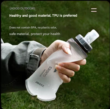 Grey and White Ultra-Lightweight 350ml Soft Running Flask - BPA-Free Collapsible TPU Water Bottle for Hiking, Cycling & Outdoor Sports.