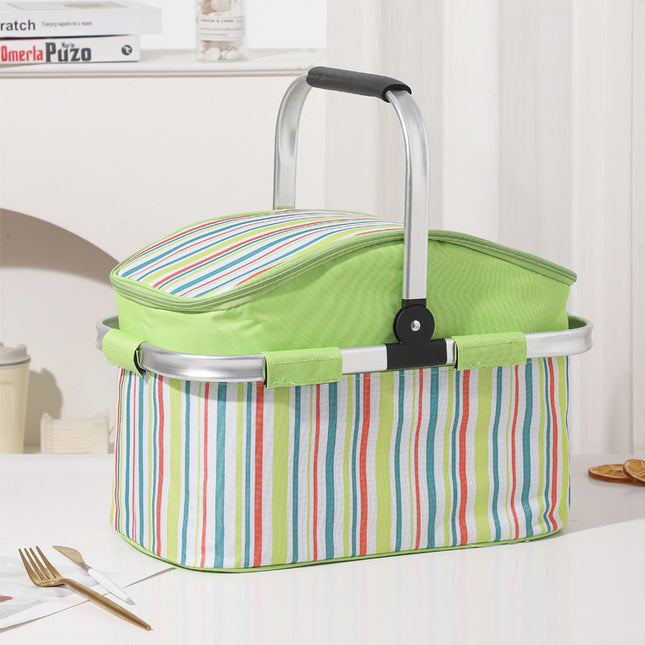 Green and Colored Stripes Large 27L Foldable Insulated Picnic Basket Cooler Bag - Lightweight Thermal Hamper with Aluminum Handles for Outdoor, Shopping & Camping.