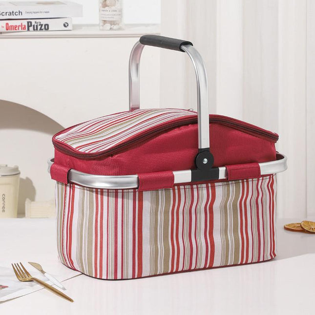 Red and Colored Stripes Large 27L Foldable Insulated Picnic Basket Cooler Bag - Lightweight Thermal Hamper with Aluminum Handles for Outdoor, Shopping & Camping.