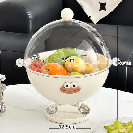 Beige Whimsical Covered Fruit Bowl with Flip Lid & Drainer - Cute Design Snack & Candy Dish for Living Room.