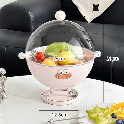 Pink Whimsical Covered Fruit Bowl with Flip Lid & Drainer - Cute Design Snack & Candy Dish for Living Room.