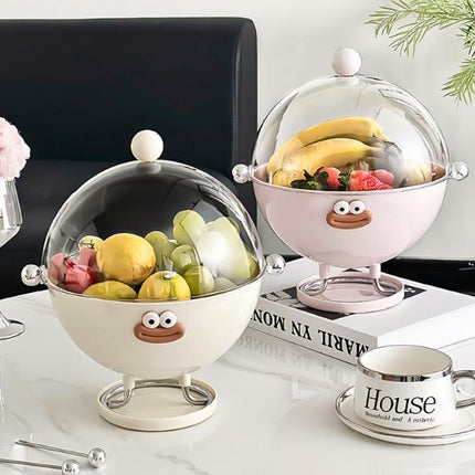 Pink Whimsical Covered Fruit Bowl with Flip Lid & Drainer - Cute Design Snack & Candy Dish for Living Room.
