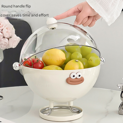 Pink Whimsical Covered Fruit Bowl with Flip Lid & Drainer - Cute Design Snack & Candy Dish for Living Room.