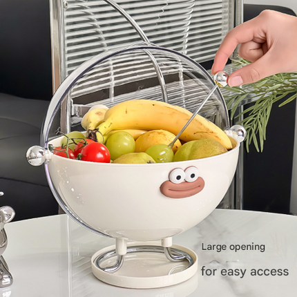 Pink Whimsical Covered Fruit Bowl with Flip Lid & Drainer - Cute Design Snack & Candy Dish for Living Room.