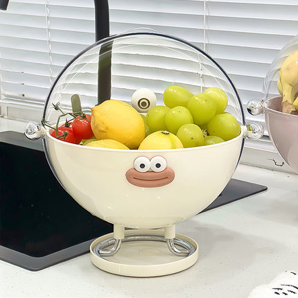 Pink Whimsical Covered Fruit Bowl with Flip Lid & Drainer - Cute Design Snack & Candy Dish for Living Room.