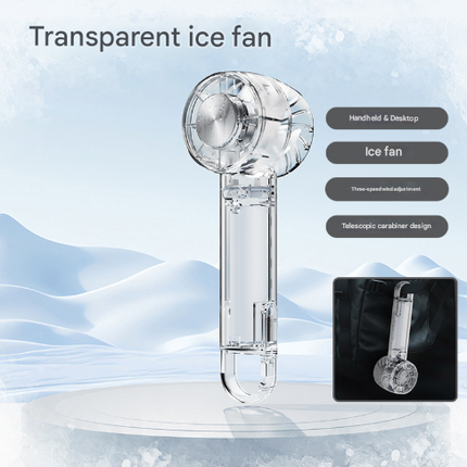 Transparent White Portable Mini Cooling Fan with Semiconductor Ice Compress - USB-C Rechargeable, 3-Speed Turbine & Transparent Design.