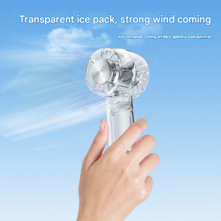 Transparent White Portable Mini Cooling Fan with Semiconductor Ice Compress - USB-C Rechargeable, 3-Speed Turbine & Transparent Design.