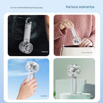 Transparent White Portable Mini Cooling Fan with Semiconductor Ice Compress - USB-C Rechargeable, 3-Speed Turbine & Transparent Design.